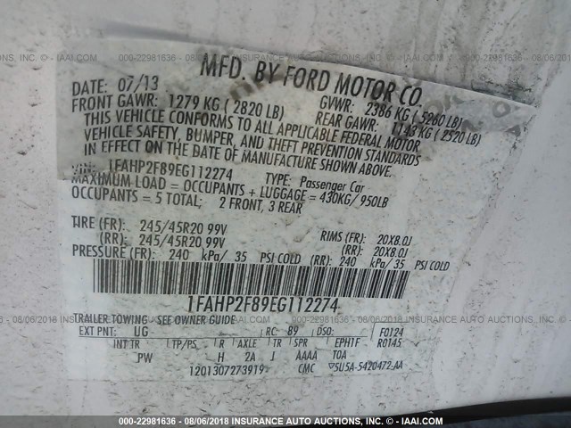 1FAHP2F89EG112274 - 2014 FORD TAURUS LIMITED WHITE photo 9