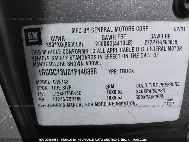 1GCGC13U01F146388 - 2001 CHEVROLET SILVERADO C1500 HEAVY DUTY SILVER photo 9