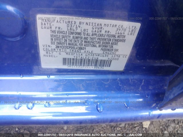 3N1CE2CP2EL430631 - 2014 NISSAN VERSA NOTE S/S PLUS/SV/SL BLUE photo 9