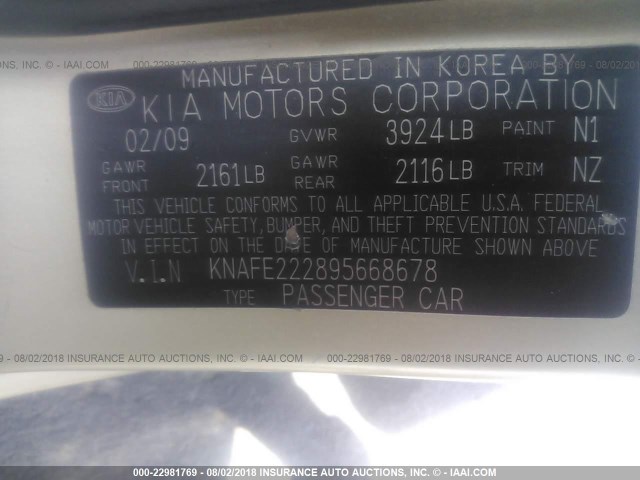 KNAFE222895668678 - 2009 KIA SPECTRA EX/LX/SX GOLD photo 9