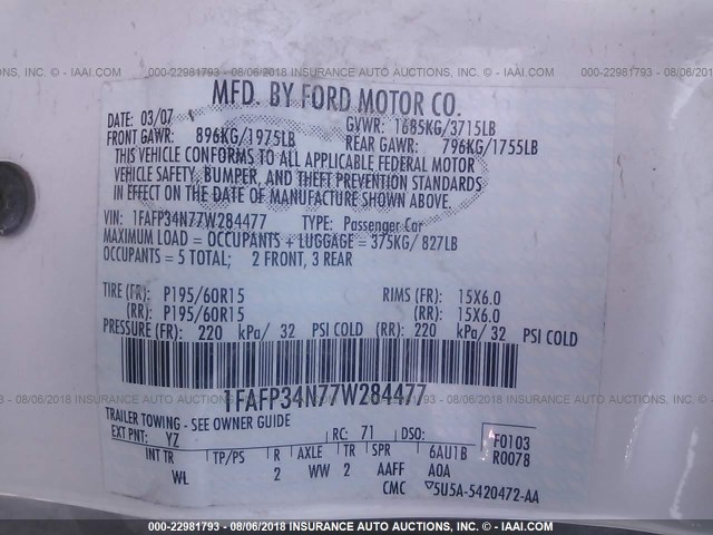 1FAFP34N77W284477 - 2007 FORD FOCUS ZX4/S/SE/SES 白色 照片 9