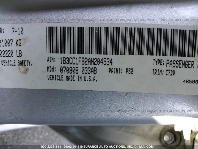 1B3CC1FB2AN204534 - 2010 DODGE AVENGER EXPRESS 银色 照片 9