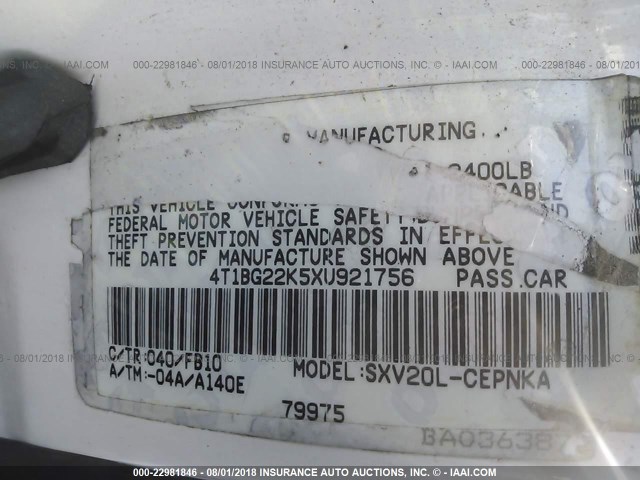 4T1BG22K5XU921756 - 1999 TOYOTA CAMRY CE/LE/XLE 白色 照片 9