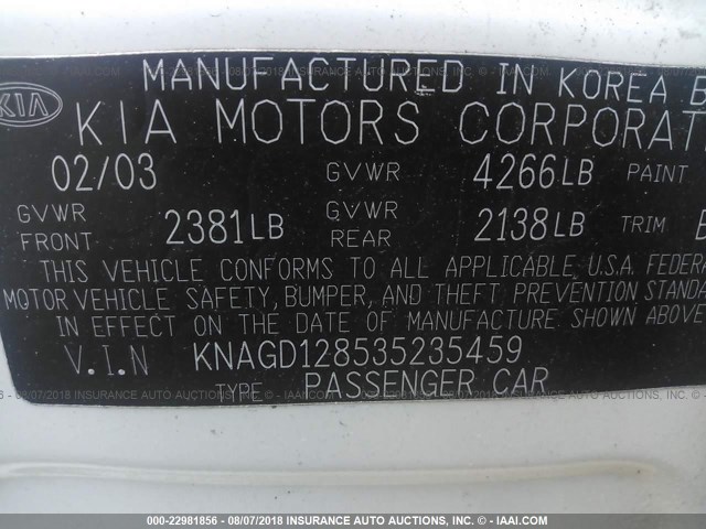 KNAGD128535235459 - 2003 KIA OPTIMA LX/SE TAN photo 9