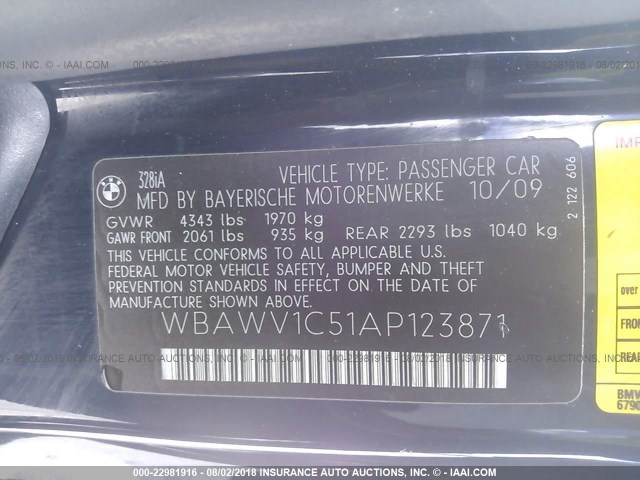 WBAWV1C51AP123871 - 2010 BMW 328 I SULEV BLUE photo 9