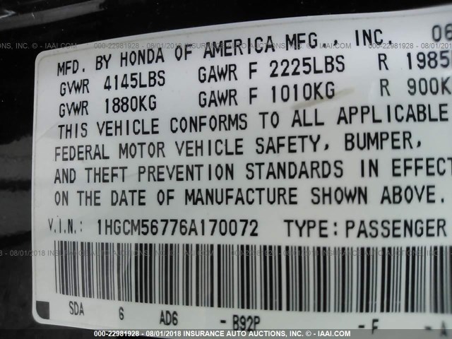 1HGCM56776A170072 - 2006 HONDA ACCORD EX 黑色 照片 9