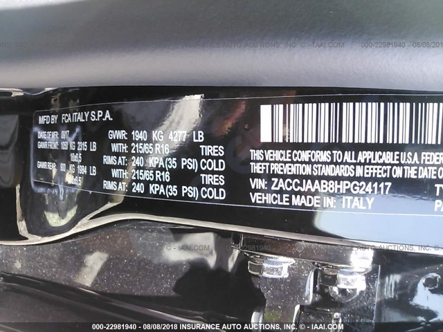 ZACCJAAB8HPG24117 - 2017 JEEP RENEGADE SPORT Սև լուսանկար 9