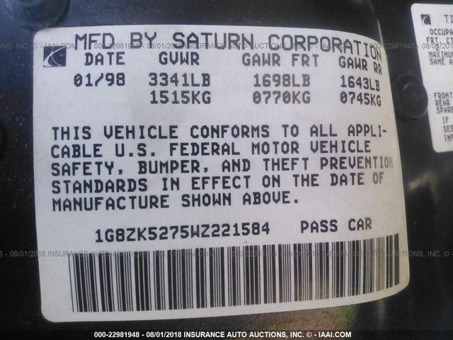 1G8ZK5275WZ221584 - 1998 SATURN SL2 灰色 照片 9