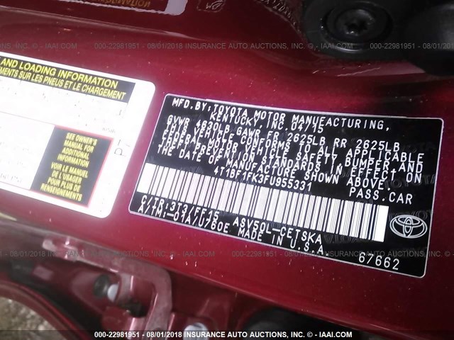 4T1BF1FK3FU955331 - 2015 TOYOTA CAMRY LE/XLE/SE/XSE RED photo 9