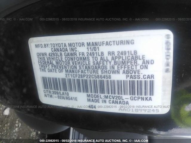 2T1CF28P22C586458 - 2002 TOYOTA CAMRY SOLARA SE/SLE შავი ფოტო 9