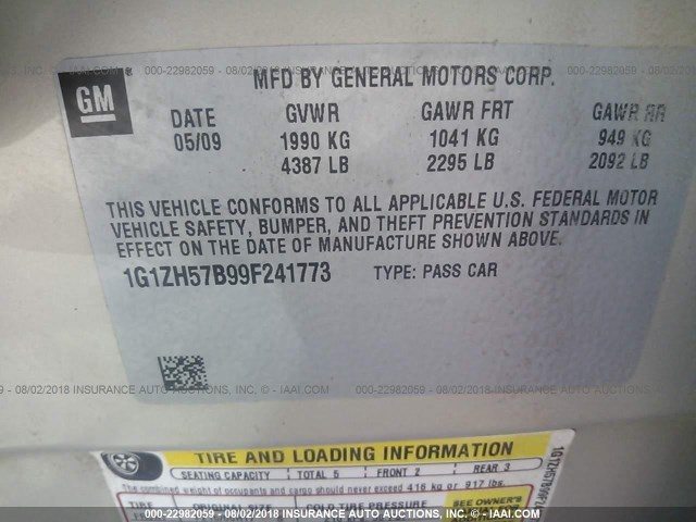 1G1ZH57B99F241773 - 2009 CHEVROLET MALIBU 1LT TAN photo 9