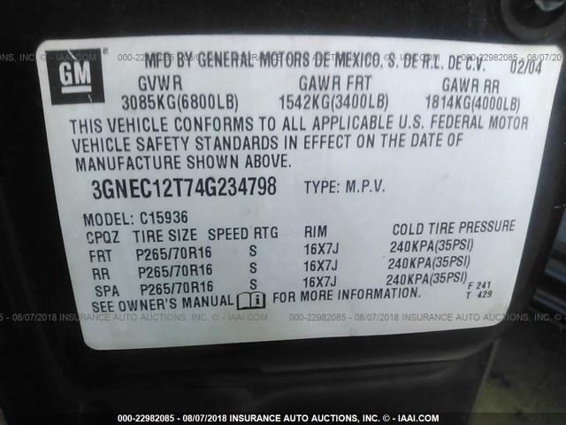 3GNEC12T74G234798 - 2004 CHEVROLET AVALANCHE C1500 GRAY photo 9