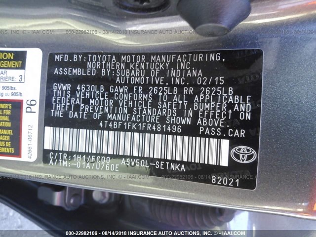 4T4BF1FK1FR481496 - 2015 TOYOTA CAMRY LE/XLE/SE/XSE 灰色 照片 9