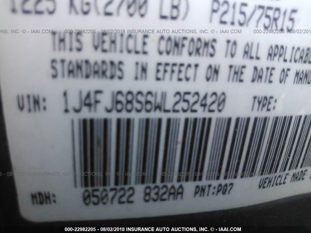 1J4FJ68S6WL252420 - 1998 JEEP CHEROKEE SPORT/CLASSIC ლურჯი ფოტო 9