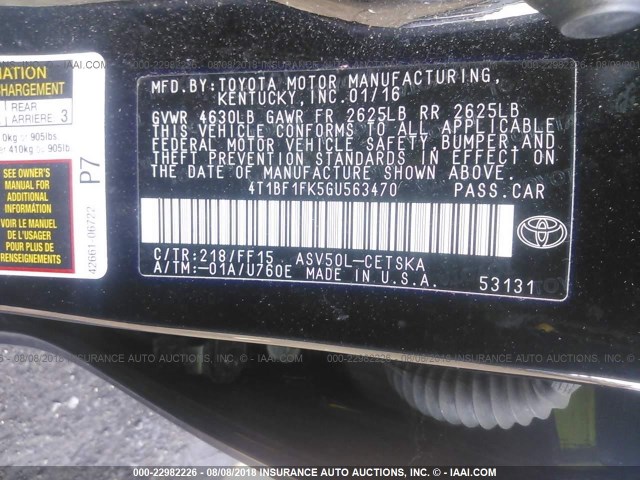 4T1BF1FK5GU563470 - 2016 TOYOTA CAMRY LE/XLE/SE/XSE BLACK photo 9