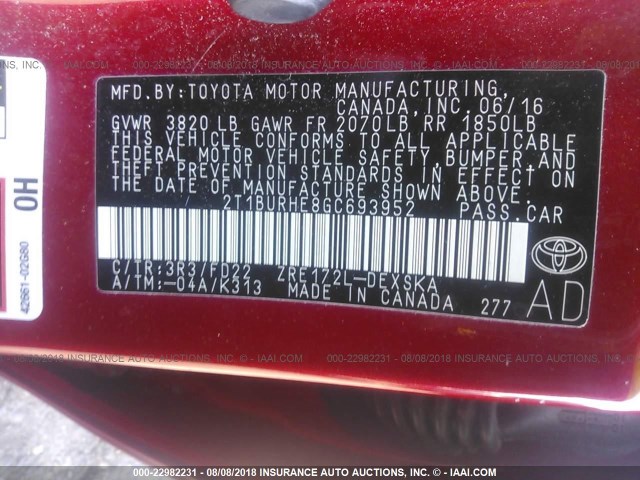 2T1BURHE8GC693952 - 2016 TOYOTA COROLLA L/LE/LE PLS/PRM/S/S PLS RED photo 9