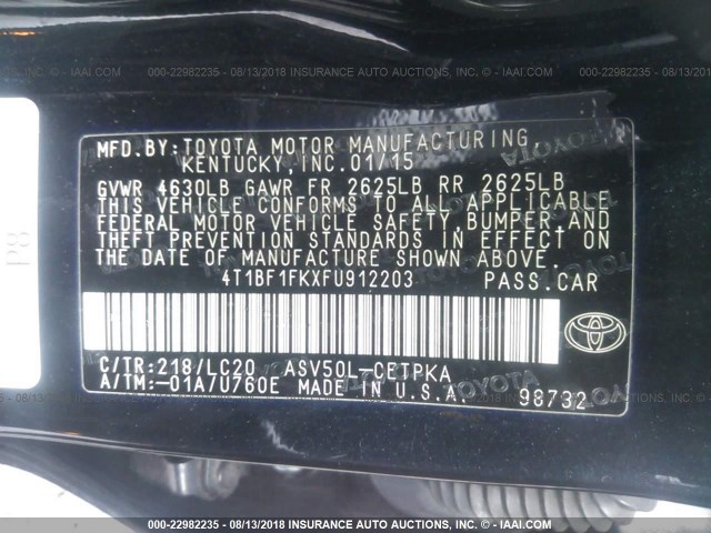 4T1BF1FKXFU912203 - 2015 TOYOTA CAMRY LE/XLE/SE/XSE BLACK photo 9