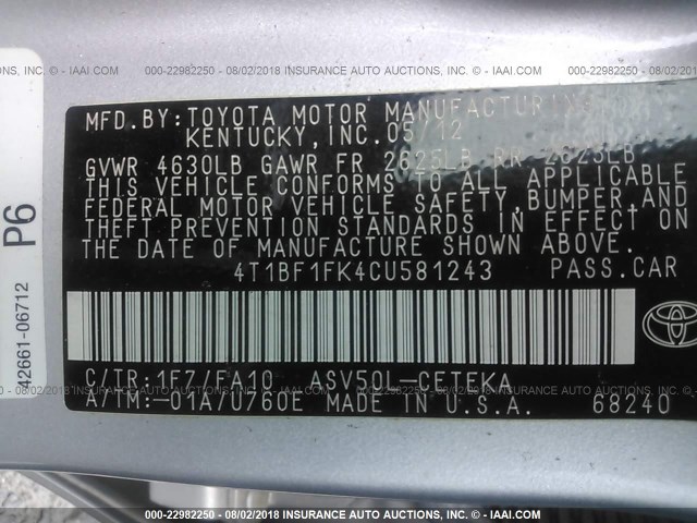 4T1BF1FK4CU581243 - 2012 TOYOTA CAMRY SE/LE/XLE ვერცხლისფერი ფოტო 9