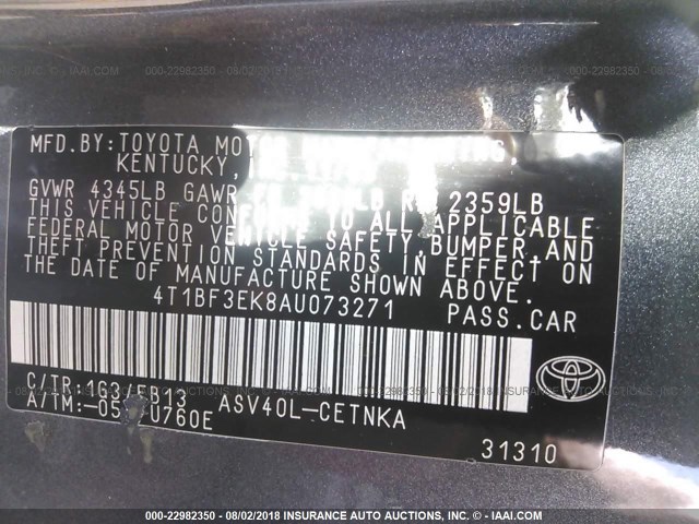4T1BF3EK8AU073271 - 2010 TOYOTA CAMRY SE/LE/XLE 灰色 照片 9