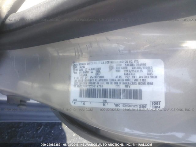 4N2ZN17T32D819785 - 2002 NISSAN QUEST GLE Champagne photo 9
