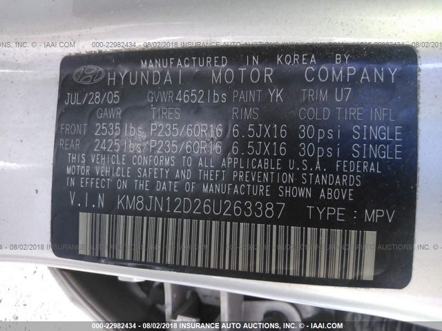 KM8JN12D26U263387 - 2006 HYUNDAI TUCSON GLS/LIMITED SILVER photo 9