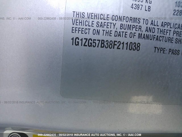 1G1ZG57B38F211038 - 2008 CHEVROLET MALIBU LS ვერცხლისფერი ფოტო 9