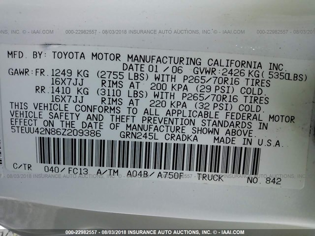 5TEUU42N86Z209386 - 2006 TOYOTA TACOMA ACCESS CAB Ақ фото 9