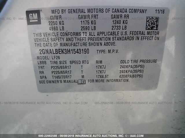 2GNALBEK3H1543190 - 2017 CHEVROLET EQUINOX LS SILVER photo 9