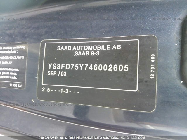 YS3FD75Y746002605 - 2004 SAAB 9-3 ARC BLUE photo 9