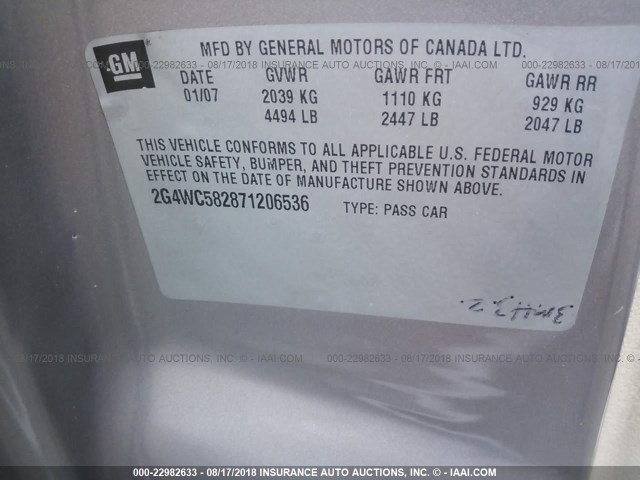 2G4WC582871206536 - 2007 BUICK LACROSSE CX GRAY photo 9