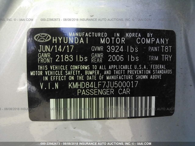 KMHD84LF7JU500017 - 2018 HYUNDAI ELANTRA SEL/VALUE/LIMITED SILVER photo 9