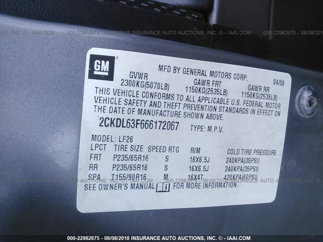 2CKDL63F666172067 - 2006 PONTIAC TORRENT GRAY photo 9