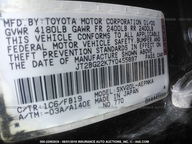 JT2BG22K7Y0455897 - 2000 TOYOTA CAMRY CE/LE/XLE ნაცრისფერი ფოტო 9