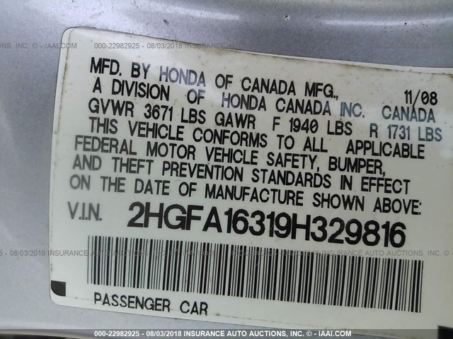 2HGFA16319H329816 - 2009 HONDA CIVIC VP SILVER photo 9