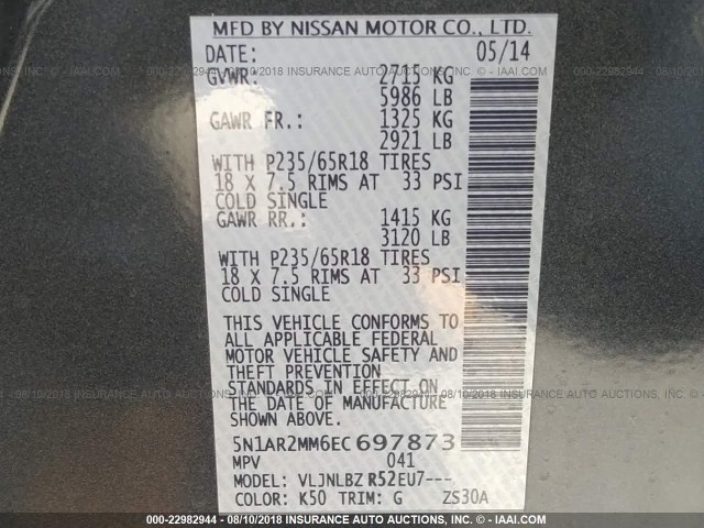 5N1AR2MM6EC697873 - 2014 NISSAN PATHFINDER S/SV/SL/PLATINUM GRAY photo 9