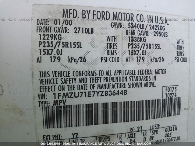 1FMZU71E7YZB36448 - 2000 FORD EXPLORER XL WHITE photo 9