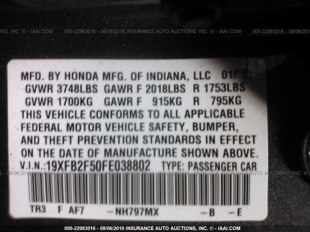 19XFB2F50FE038802 - 2015 HONDA CIVIC LX GRAY photo 9