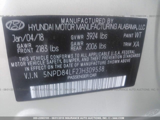 5NPD84LF2JH309538 - 2018 HYUNDAI ELANTRA SEL/VALUE/LIMITED WHITE photo 9