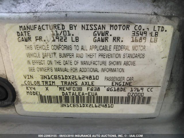 3N1CB51DX2L624810 - 2002 NISSAN SENTRA XE/GXE SILVER photo 9