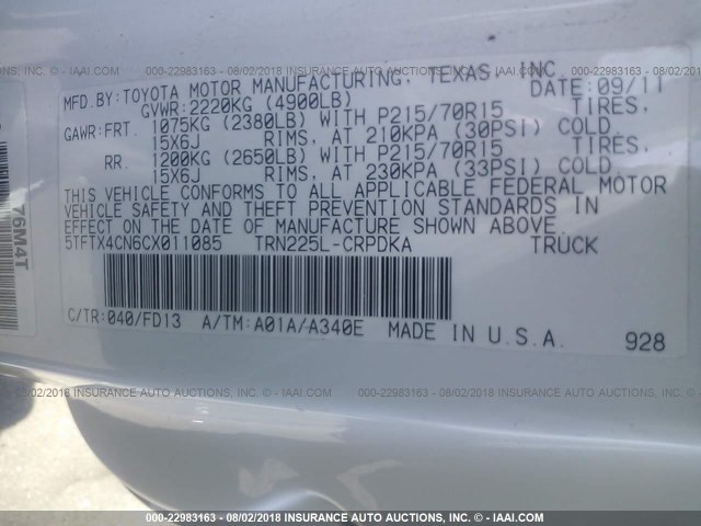 5TFTX4CN6CX011085 - 2012 TOYOTA TACOMA ACCESS CAB Ақ фото 9