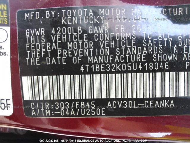 4T1BE32K05U418046 - 2005 TOYOTA CAMRY LE/XLE/SE Марун фото 9