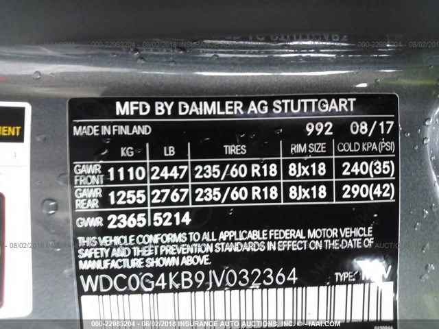 WDC0G4KB9JV032364 - 2018 MERCEDES-BENZ GLC 300 4MATIC GRAY photo 9