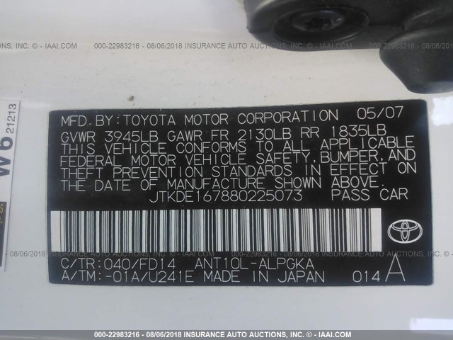 JTKDE167880225073 - 2008 TOYOTA SCION TC 白色 照片 9