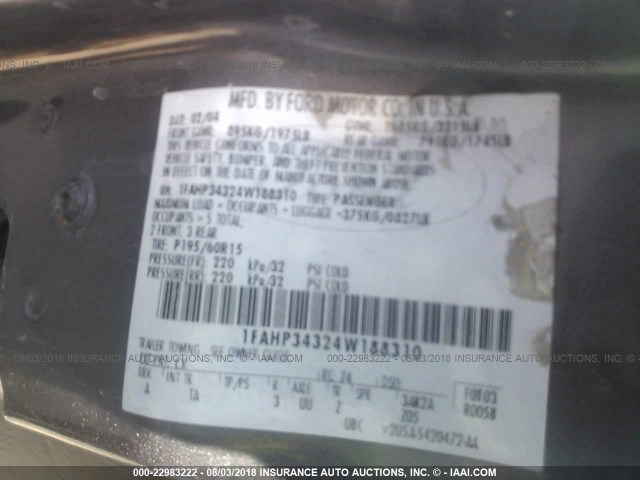 1FAHP34324W188310 - 2004 FORD FOCUS SE COMFORT/SE SPORT GRAY photo 9