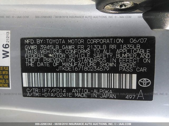 JTKDE167180234679 - 2008 TOYOTA SCION TC SILVER photo 9