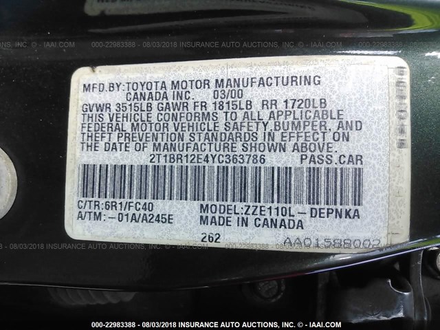 2T1BR12E4YC363786 - 2000 TOYOTA COROLLA VE/CE/LE 绿色 照片 9