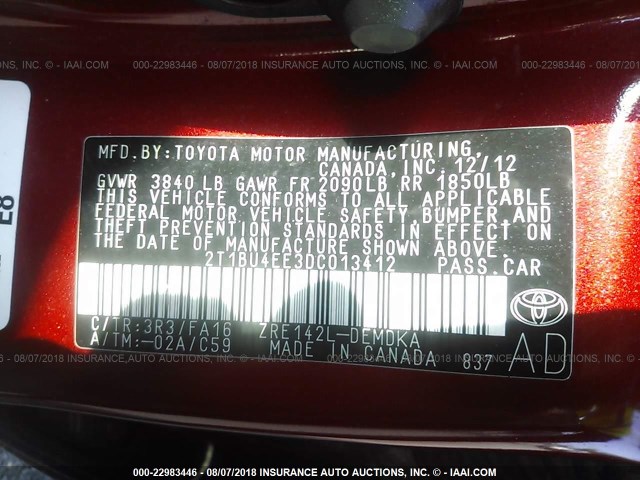 2T1BU4EE3DC013412 - 2013 TOYOTA COROLLA S/LE RED photo 9