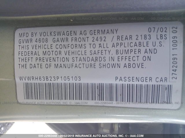 WVWRH63B23P105103 - 2003 VOLKSWAGEN PASSAT GLX GREEN photo 9