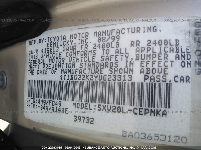 4T1BG22K2YU623313 - 2000 TOYOTA CAMRY CE/LE/XLE 灰色 照片 9