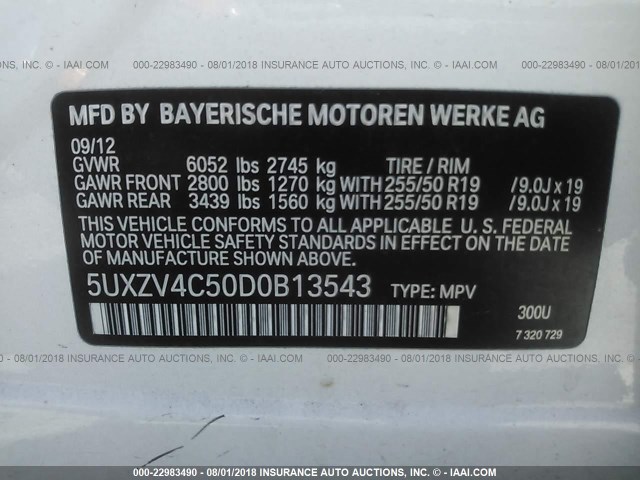 5UXZV4C50D0B13543 - 2013 BMW X5 XDRIVE35I WHITE photo 9